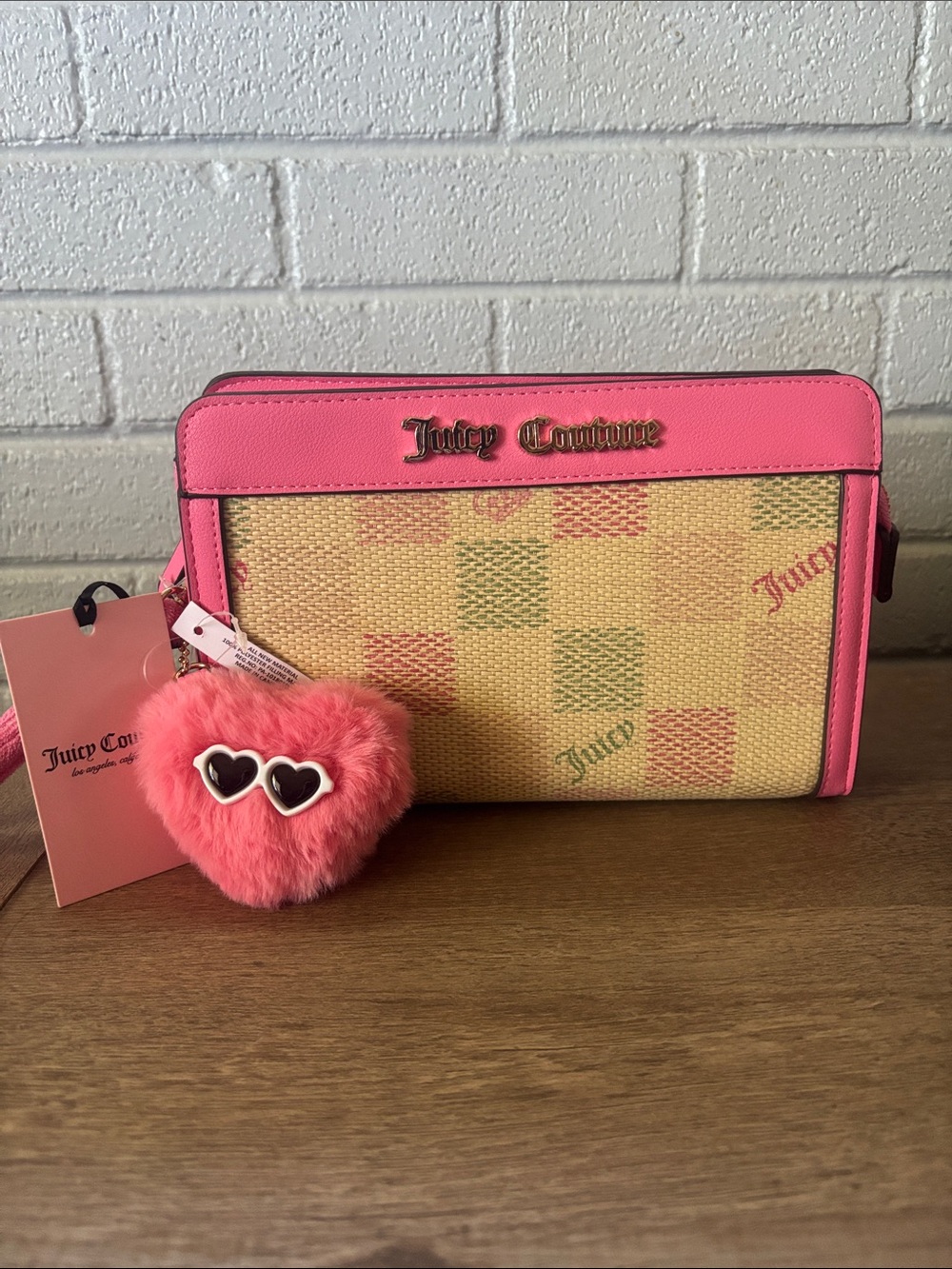 Juicy Couture Pink & Natural Woven Heart Charm Clutch